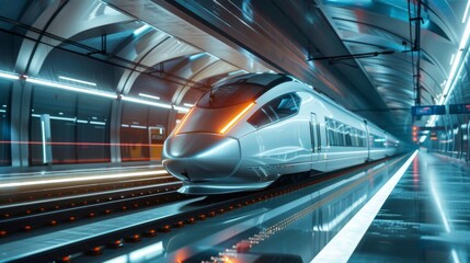 Aufkleber - A bullet train departing from a futuristic station platform with sleek design elements.