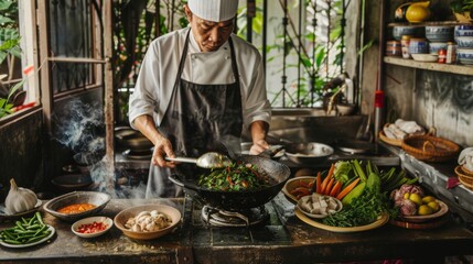 Wall Mural - A chef cooking traditional Thai green curry in a rustic kitchen setting.