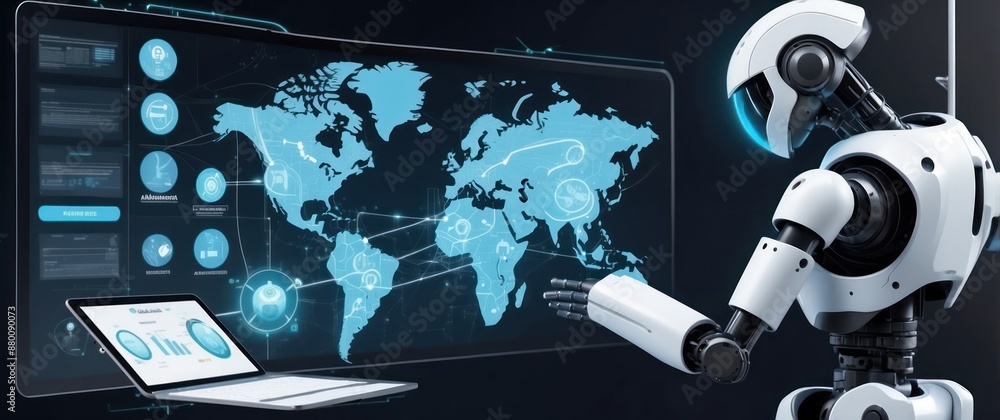 Futuristic scene of a robot interacting with a digital world map on a ...