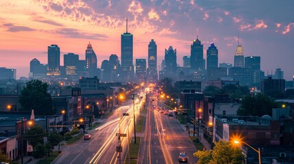 Poster - A city skyline with multiple traffic lights visible along a busy downtown avenue.