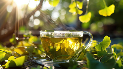 Wall Mural - Close-Up Shot of Ginkgo Biloba Tea Leaves in Peaceful Natural Setting