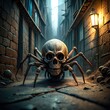 © guntapong - Spider like skull creature crawling on a wall in a dark and grimy alleyway, Spider, alleyway, dark, wall, skull, like