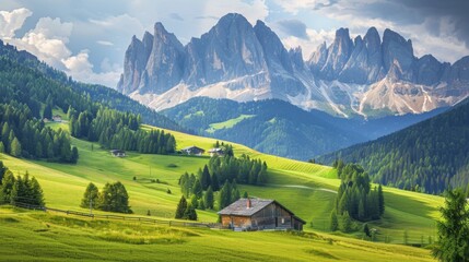 Picturesque Alpine Village: Houses on Green Meadows with Mountain Peaks