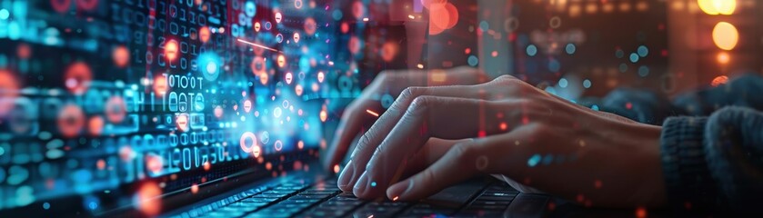 Wall Mural - Close-up of hands typing on a laptop keyboard with digital code and data overlay, representing futuristic technology and cybersecurity.