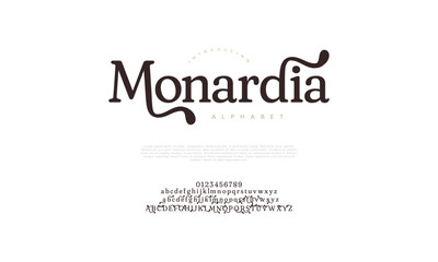 Monardia premium luxury elegant alphabet letters and numbers. Vintage wedding typography classic serif font decorative vintage retro. creative vector illustration