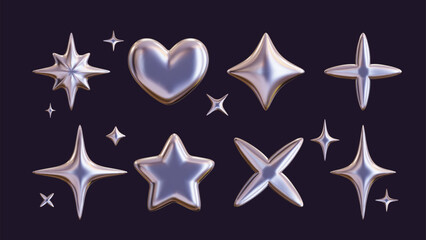 set of 3d shapes in chrome, including a silver liquid star and a glossy heart sticker in a futuristi