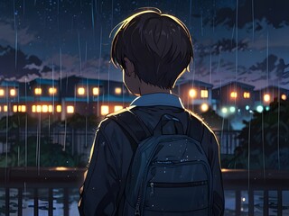 Back view of a boy wearing school at night with rain comes, iluminated color at night. Generative Ai
