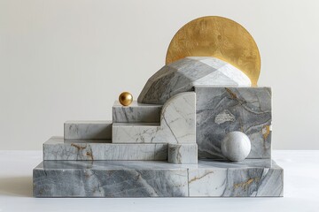 Wall Mural - Minimalist composition of geometric shapes in marble and gold leaf, exuding elegance.