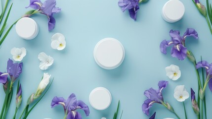 Canvas Print - Cosmetic brand mockup featuring white SPA jars surrounded by purple iris flowers on a blue background with an eco friendly minimalist design Text space included