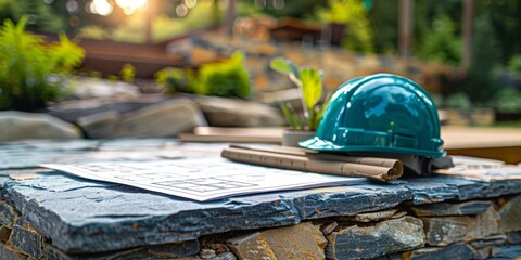 Architectural Plans and Helmet Outdoors on Stone Table in Lush Garden Setting