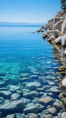 Wall Mural - a lake with rocks and a blue sky with a few clouds in the background