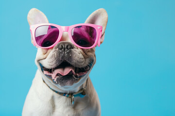 Wall Mural - dog wearing pink sunglasses is smiling and looking at the camera. The sunglasses give the dog a cool and stylish appearance