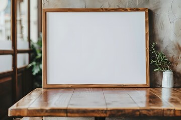 A wooden frame with a white background sits on a wooden table