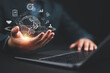 © Nirusmee - Man hand holding virtual global Internet connection metaverse. Business global internet connection application technology and digital marketing, Financial and banking, Digital link tech, big data.