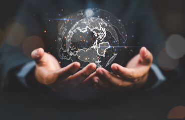 Aufkleber - businessman holding Global network connection. Big data analytics and business intelligence concept. World map point and line composition concept of global business.Digital link tech.