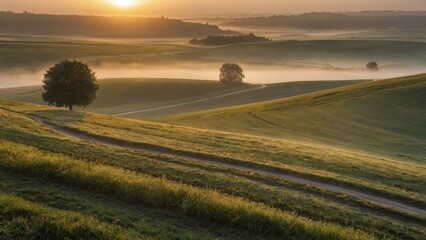 Wall Mural - Country road through fields and meadows in a fog at sunrise.