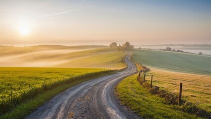 Wall Mural - Country road through fields and meadows in a fog at sunrise.