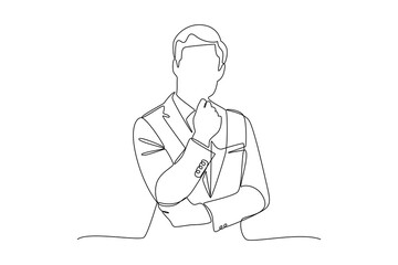 Wall Mural - Continuous one line drawing of businessman thinking with his hand on his chin. Thinking man illustration