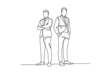 Wall Mural - Continuous one line drawing of two businessmen standing with arms crossed. Illustration design