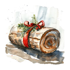 Yule log watercolor illustration isolated on transparent. Christmas png file for art work.
