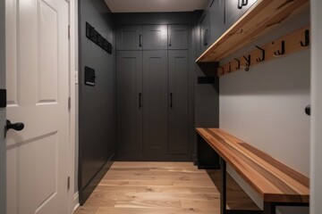 Wall Mural - Modern Entryway with Wooden Bench and Black Cabinets