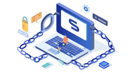 Poster - Isometric illustration of a laptop chained to a padlock.