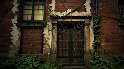 Photo of a Large Spider Web Adorned with Morning Dew in the Corner of an Old Building