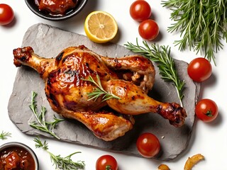 delicious grilled chicken on white background Side and top view of BBQ Food