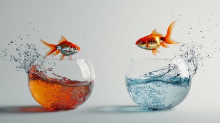 Two Goldfish Leaping Between Bowls