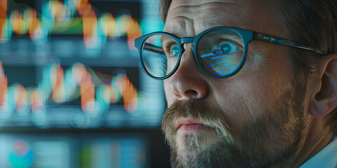 Wall Mural - close up of an adult man in glasses with short hair and beard, wearing formal attire looking at stock market charts, generative AI