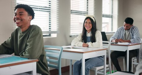 Poster - Group, students and classroom with discussion for future or education, chat for school or curriculum. Feedback, young people or diversity with talk for knowledge or scholarship, happiness at table