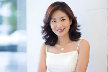 A woman with long brown hair and a white tank top is smiling