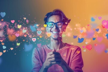 Smiling Man Surrounded by Social Media Hearts