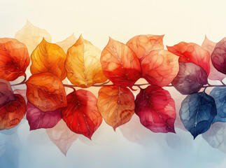 Wall Mural - A beautiful watercolor painting of autumn leaves in various shades of red, orange, yellow, and purple. 