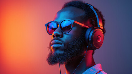 Wall Mural - The man is wearing sunglasses and headphones. He has a beard and his hair is styled in an afro. The background is a gradient of orange and blue.