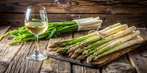 Fresh white and green asparagus with a glass of wine on a rustic wooden table, asparagus, green, white, food, vegetable, wine