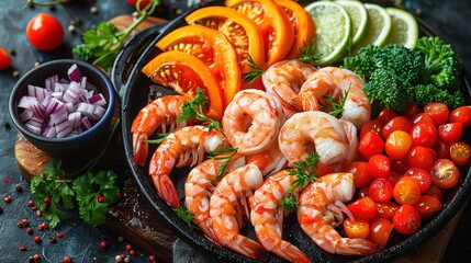 Wall Mural - a delicious and healthy seafood dish with grilled shrimp, fresh tomatoes, broccoli, and lime wedges. The dish is served on a rustic wooden table and is garnished with parsley and red pepper flakes.