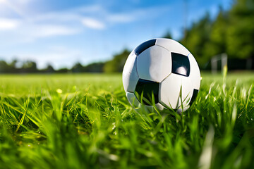 A white and black soccer ball is sitting on a green field