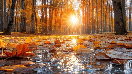 Wall Mural - the beauty of an autumn forest. The trees are tall and majestic, and their leaves are a brilliant orange, yellow, and red. 