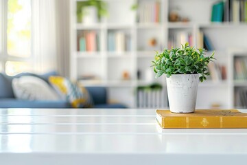 Empty white marble table with bookshelf and plant in living room