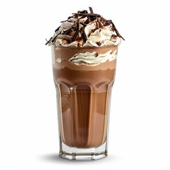 A rich mocha frappe with whipped cream and chocolate shavings in a tall glass, isolated white background, baroque art style