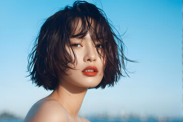 Wall Mural - A woman with short hair and red lipstick is standing in front of a blue sky