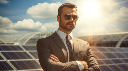 Wall Mural - Male engineer with solar panels, sunny environment 