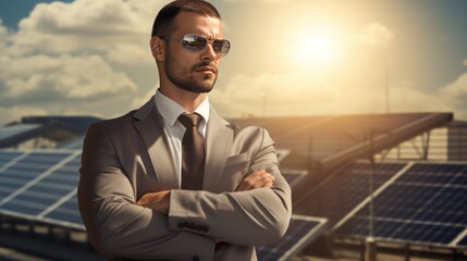 Wall Mural - Male engineer with solar panels, sunny environment 