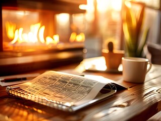 Wall Mural - Cozy Workspace with Fireplace,Documents,and Coffee Mug