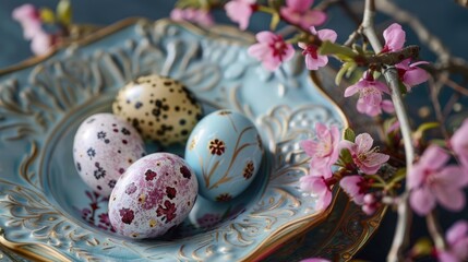 Wall Mural - Stylish Easter eggs on a dish