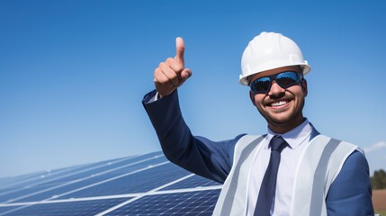 Smiling male engineer pointing at solar panels, 