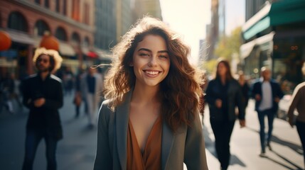 Smiling young woman standing on a busy city sidewalk 