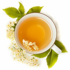 A soothing herbal elderflower tea with elderflower blossoms and honey, in a porcelain teacup, isolated white background