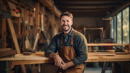 Canvas Print - Young male carpenter standing in workshop smiling 